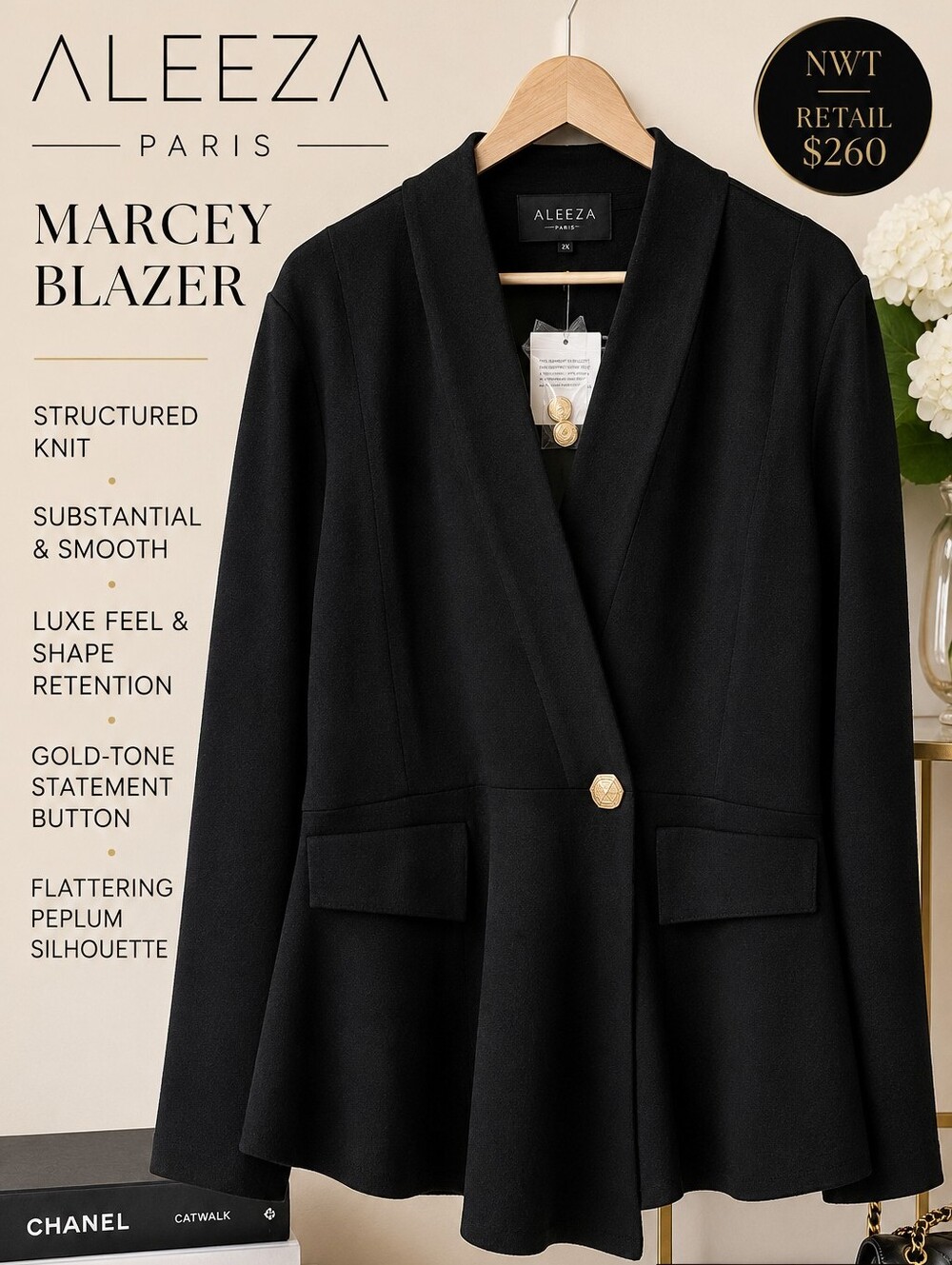 Aleeza Paris Marcey Blazer 2X Fits XL 1X Black Structured Knit NWT